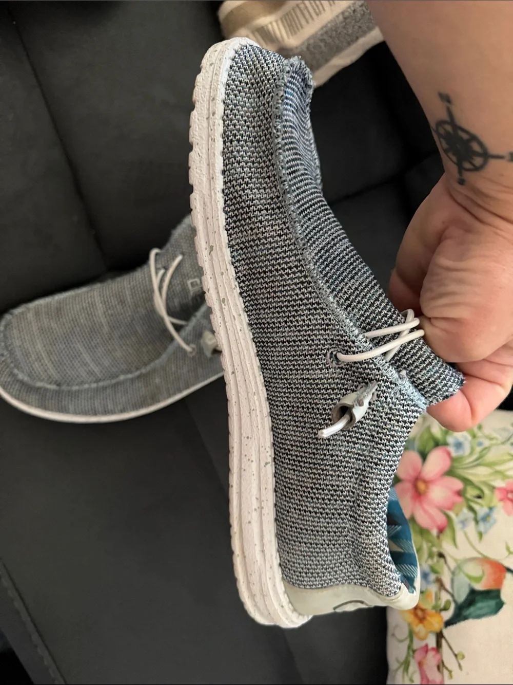 Hey Dude Gray Knit Slip-On Loafers with Teal Lining